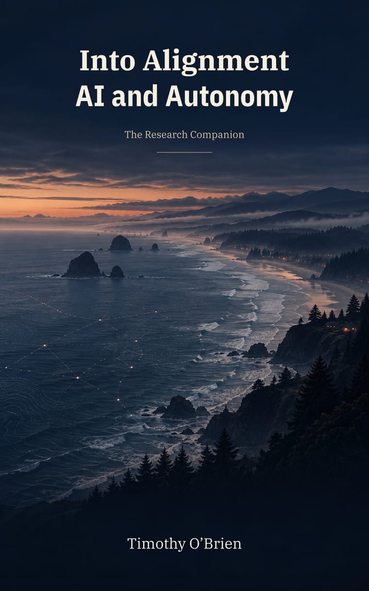 Into Alignment: AI and Autonomy — The Research Companion cover — a dark coastal landscape with a constellation of connected lights over the water