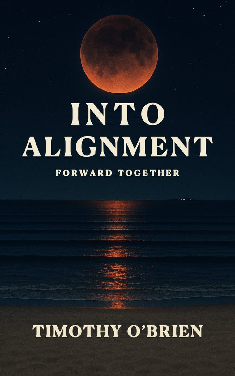 Into Alignment book cover: a total lunar eclipse — a blood moon over a dark night ocean
